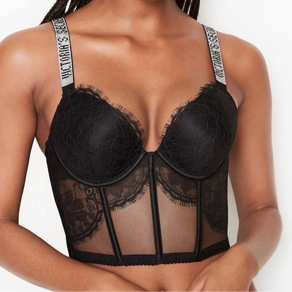 Victoria's Secret Black Lace Bustier with Embellished Straps